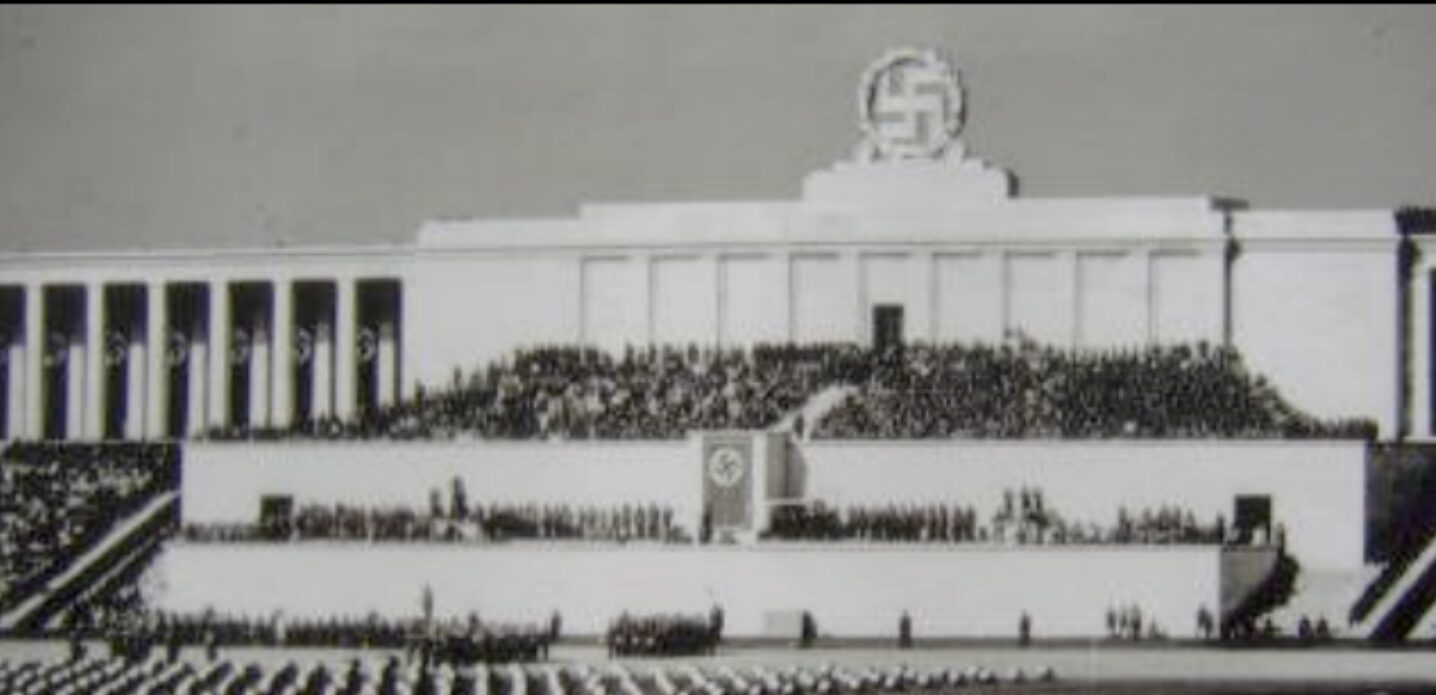 Hitler’s reviewing stand at the Nuremberg parade grounds, reportedly modeled on the Altar of Zeus according to footage f